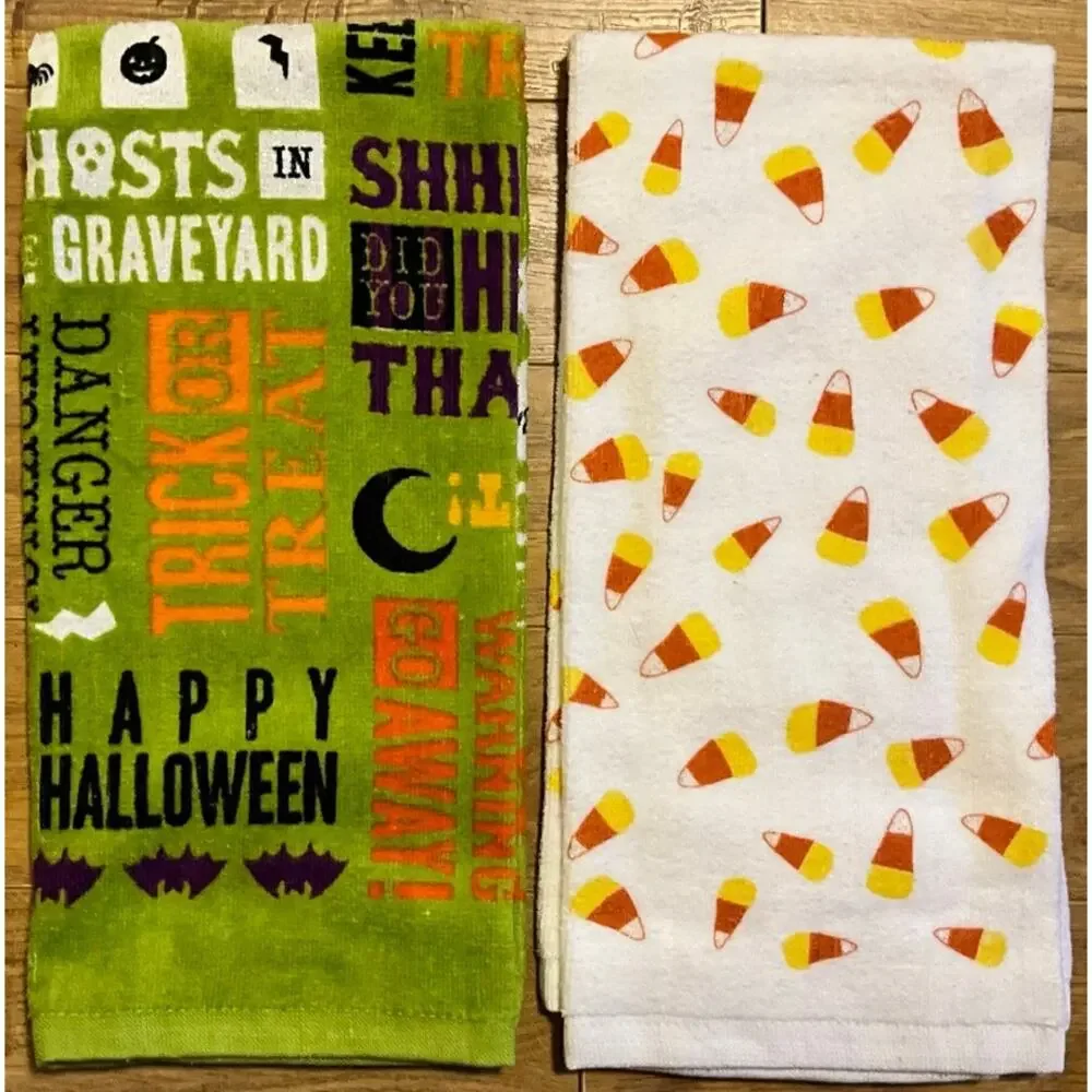 Set of 2 Happy Halloween 100% Cotton Kitchen Dish Hand Tea Towel New Never Used